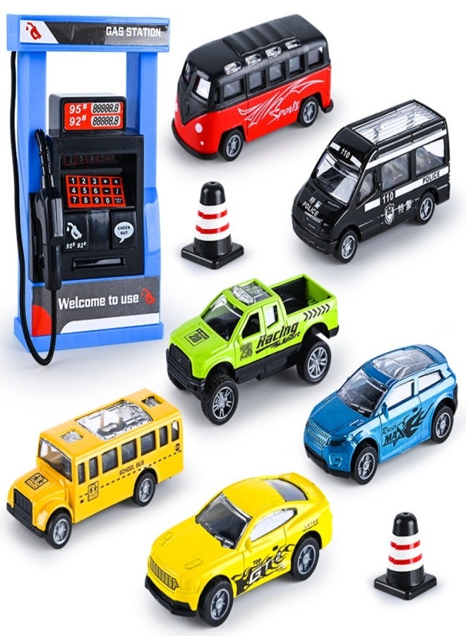 6-Piece Alloy Pull Back Car Toys Set with Gas Station,Play Vehicles with Sound and Light,Toys Car Set for Boys