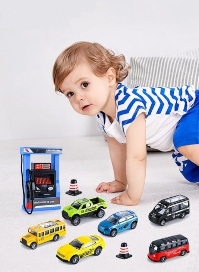 6-Piece Alloy Pull Back Car Toys Set with Gas Station,Play Vehicles with Sound and Light,Toys Car Set for Boys