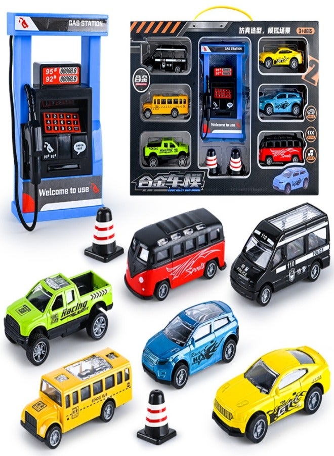 6-Piece Alloy Pull Back Car Toys Set with Gas Station,Play Vehicles with Sound and Light,Toys Car Set for Boys