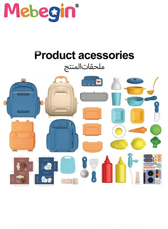 34Pcs Kitchen Playset, Portable Kitchen Toys Backpack, Pretend Role Play Toys with Rich Kitchen Accessories, Creative Play House toys Kit, Fun Educational Toys, Easy to Assemble, Ideal Gifts for Kids