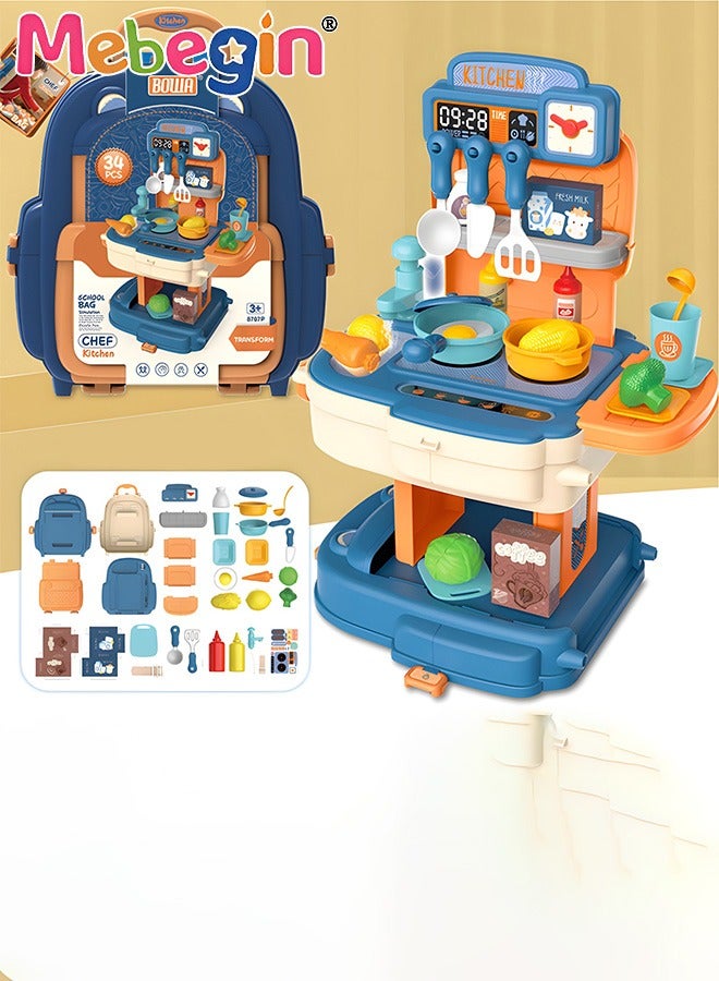 34Pcs Kitchen Playset, Portable Kitchen Toys Backpack, Pretend Role Play Toys with Rich Kitchen Accessories, Creative Play House toys Kit, Fun Educational Toys, Easy to Assemble, Ideal Gifts for Kids