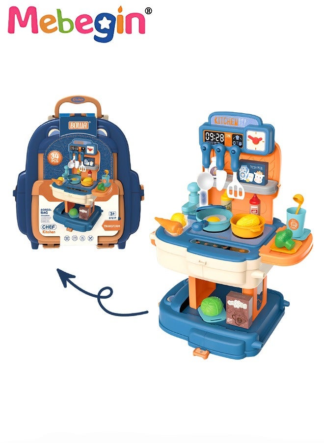 Backpack Kitchen Set for Kids, 34 Pcs Role Play Food Kit Playset, 3 in 1 Educational Toy Kitchen Kit Toy Gift for Kids Boys Girls 3+