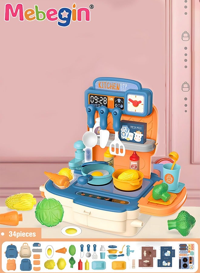 34Pcs Kitchen Playset, Portable Kitchen Toys Backpack, Pretend Role Play Toys with Rich Kitchen Accessories, Creative Play House toys Kit, Fun Educational Toys, Easy to Assemble, Ideal Gifts for Kids