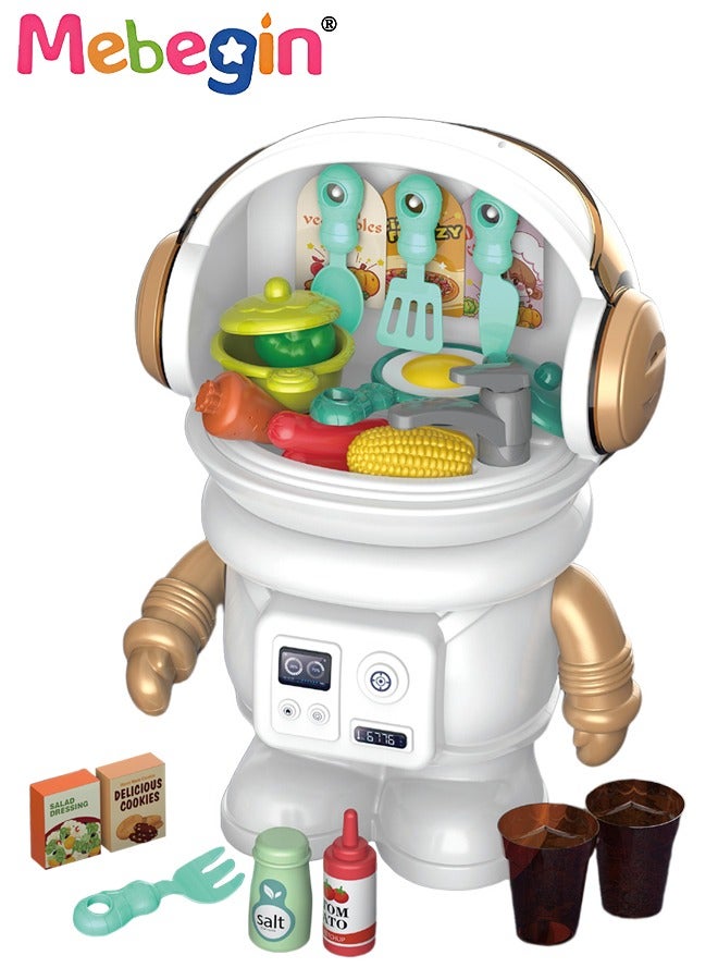 27 Pcs Astronaut Shape Toddler Cooking Kitchen Playset Pretend Play Food Set, Fruits, Vegetables, Stainless-Steel Pots, Pans, Utensils. Toy Kitchen Accessories Playset for Toddlers Preschoolers Kids