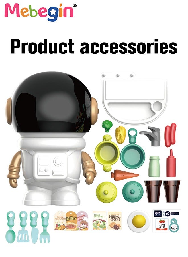 27 Pcs Astronaut Shape Toddler Cooking Kitchen Playset Pretend Play Food Set, Fruits, Vegetables, Stainless-Steel Pots, Pans, Utensils. Toy Kitchen Accessories Playset for Toddlers Preschoolers Kids