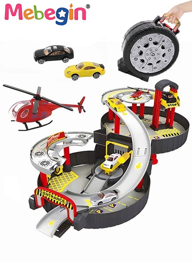 Foldable Tyre-shaped Parking Lot Pretend Play Car plastic Parking Toy Multilevel Activity Center with Helicopter Pad Moving Elevator Rapid Descent Ramps Toys for Kids