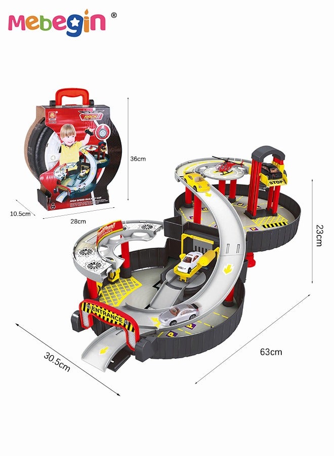 Foldable Tyre-shaped Parking Lot Pretend Play Car plastic Parking Toy Multilevel Activity Center with Helicopter Pad Moving Elevator Rapid Descent Ramps Toys for Kids