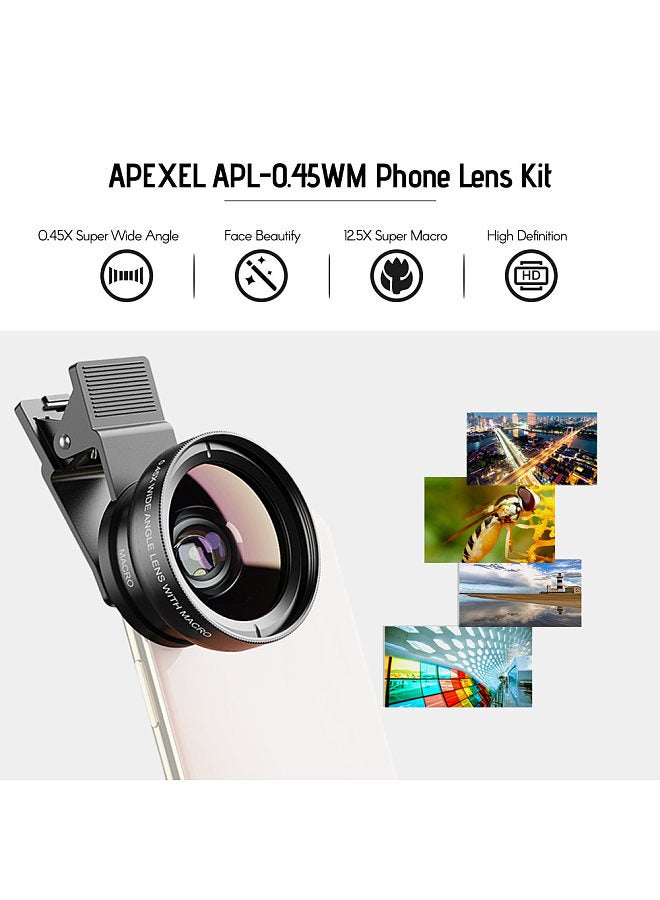 APL-0.45WM Phone Lens Kit 0.45X Super Wide Angle & 12.5X Super Macro Lens HD Camera Lenses with Lens Clip for iPhone Samsung Huawei Xiaomi More Smartphone