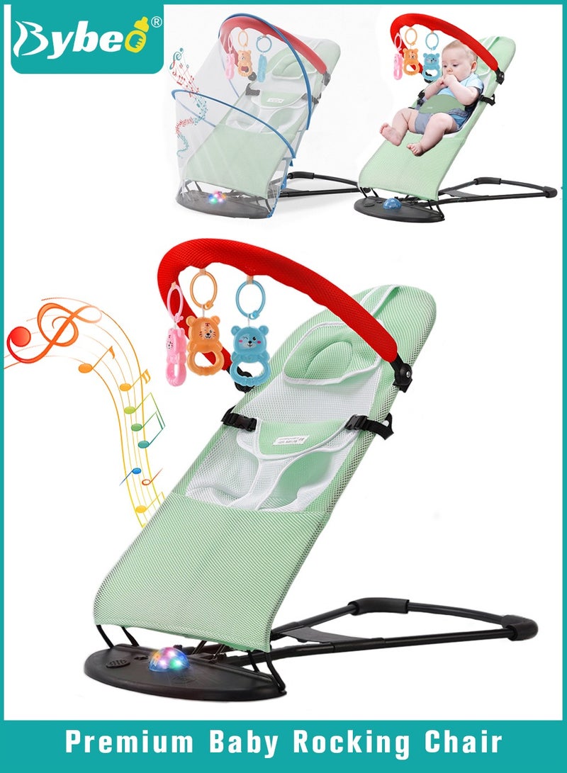 Baby Bouncer, Infant Rocker, Portable Baby Swing Chair, Durable Bouncer Seat, Infant Rocking Bouncer for Babies, with 3-Point Harness, 4 Adjustable Height, Mosques Net, Toy Rack