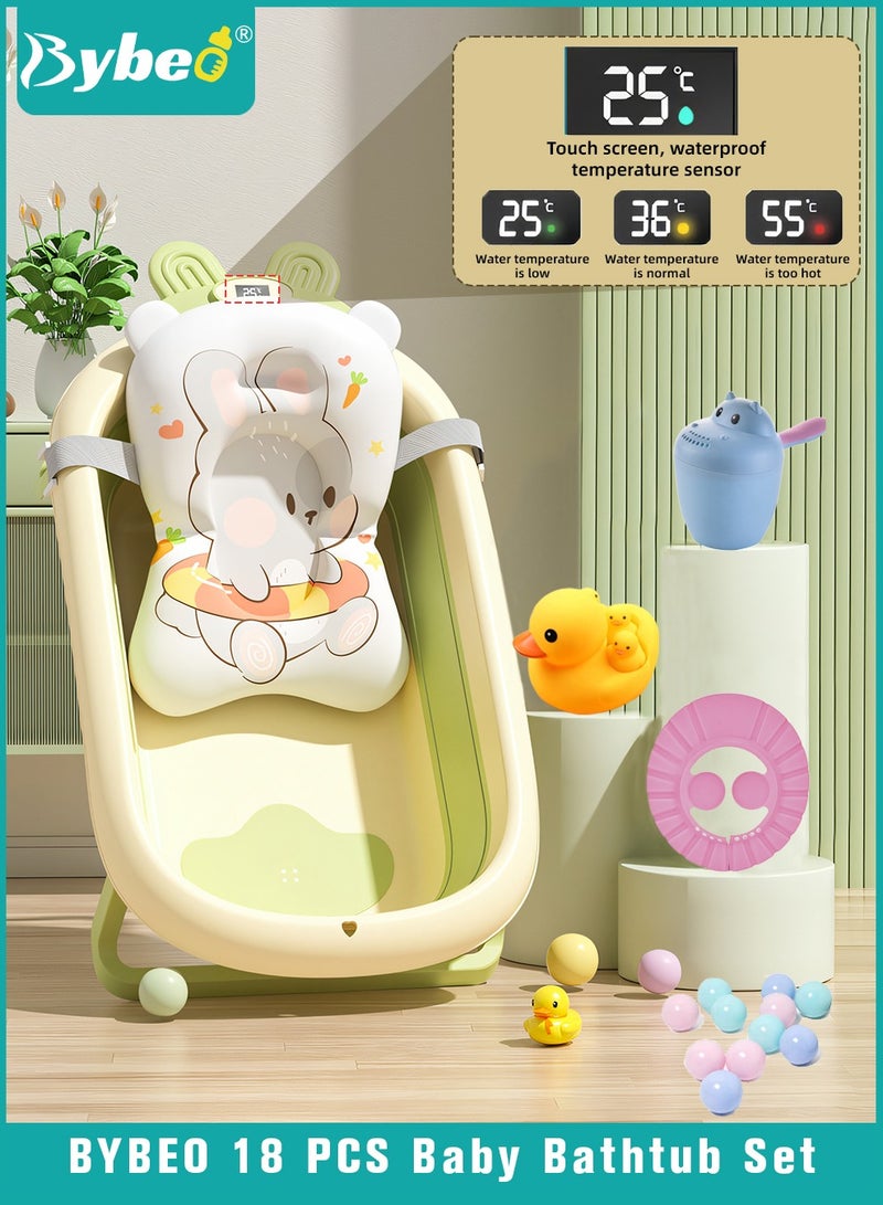 18 PCS Baby Bath Tub Foldable Bathtub With Temperature Sensing + Bathmat Cushion + Shower Cap + Washing Hair Shower Shampoo Cup *1 + Duckling toys *4 + Ocean Balls *10
