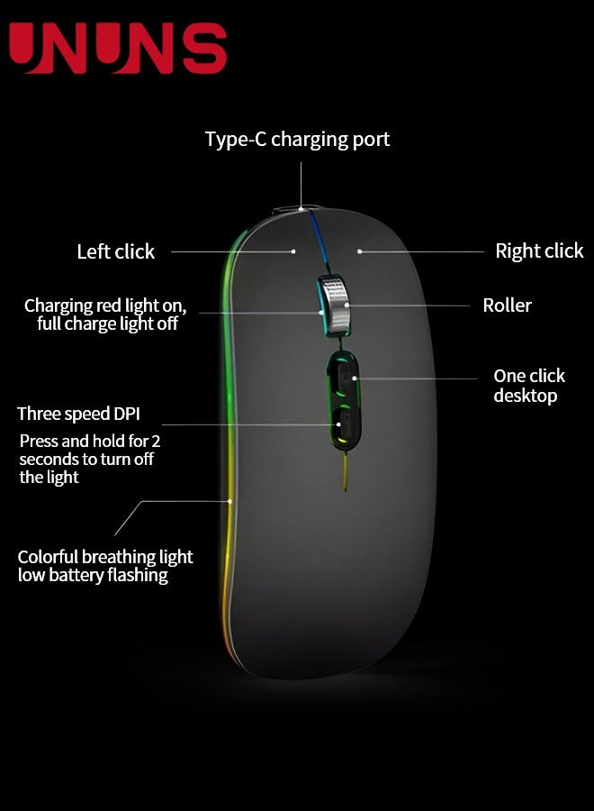 Wireless Bluetooth Mouse,Rechargeable Slim Silent Laptop Mouse,Portable BT5.2 And 2.4G USB Receiver Dual Mode Computer Mice,3 Adjustable DPI,For Notebook,Tablet,Phone,Black