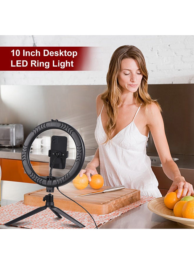 10 Inch LED Ring Light Video Conference Lighting 3 Lighting Modes 11 Levels Adjustable Brightness USB Powered with Desktop Tripod + Flexible Phone Holder + Ballhead Adapter