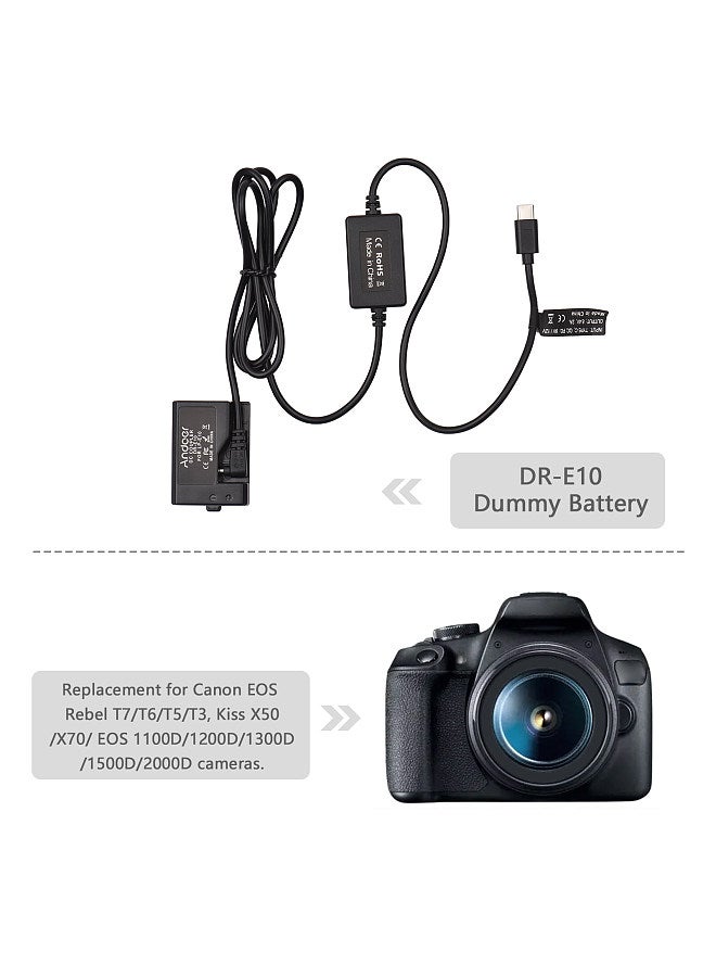 PD USB Type-C Cable to DR-E10 Dummy Battery DC Coupler LP-E10 Replacement for Canon EOS Rebel T7 T6 T5 T3 X50 X70 EOS 1100D 1200D 1300D 1500D 2000D