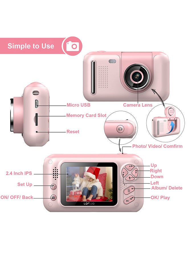 1080P Kids Digital Camera Mini Video Camera for Kids 40MP 2.4 Inch IPS Screen 180°Rotatable Lens Built-in Battery Cute Photo Frames Fun Games