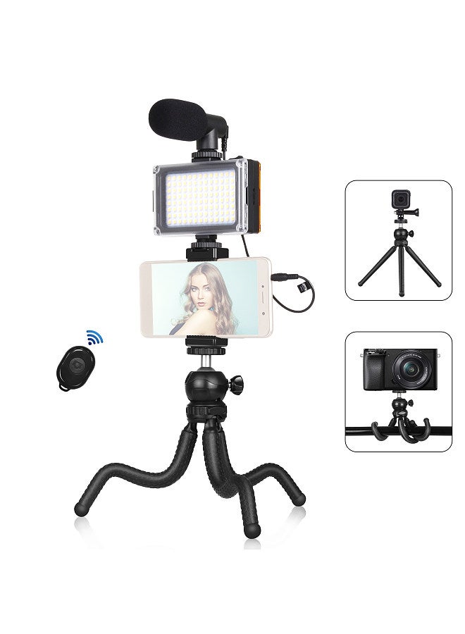 Smartphone Vlog Kit Flexible Tripod + Cardioid Microphone + Extendable Phone Clip + Bi-color LED Light with Adjustable Brightness for Live Stream Vlog Video Shooting Video Conference Selfie