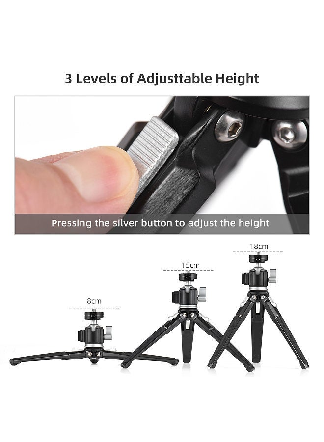 Multifunctional Mini Tripod Desktop Tripod Stand Aluminum Alloy 360° Rotatable Ballhead with Cold Shoe Mount Max.3kg Load Capacity for Vlog Live Streaming Video Recording