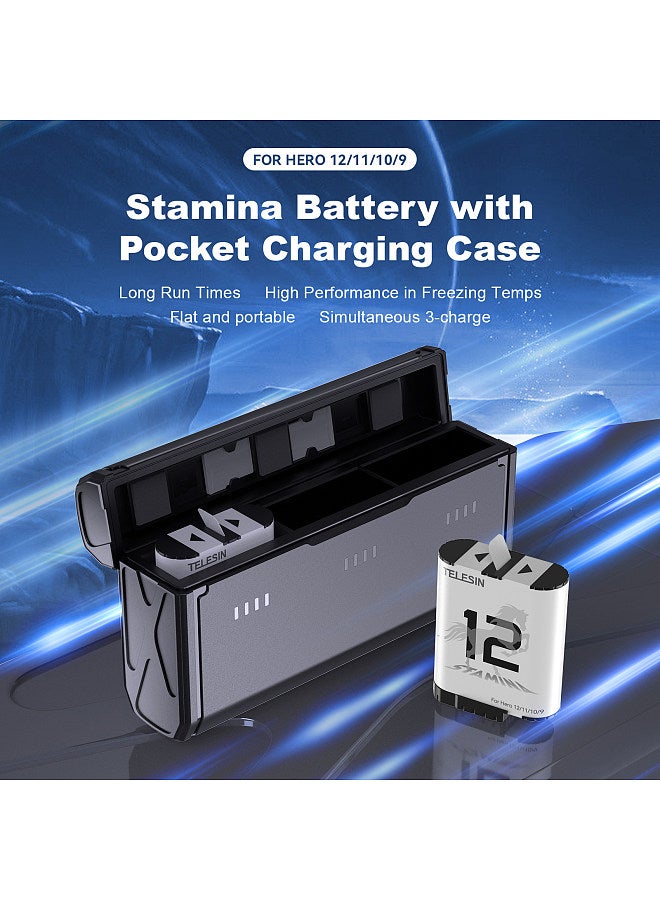 Sports Camera Battery Storage Charger Set 3-slot Battery Charging Box 2pcs 1720mAh Batteries Fast Charging Battery Replacement for GoPro Hero 12/11/10/9