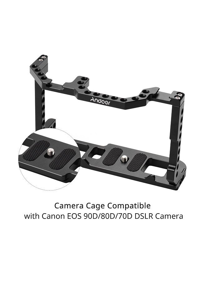 Camera Cage Aluminum Alloy with Dual Cold Shoe Mount 1/4 Inch Screw Compatible with Canon EOS 90D/80D/70D DSLR Camera