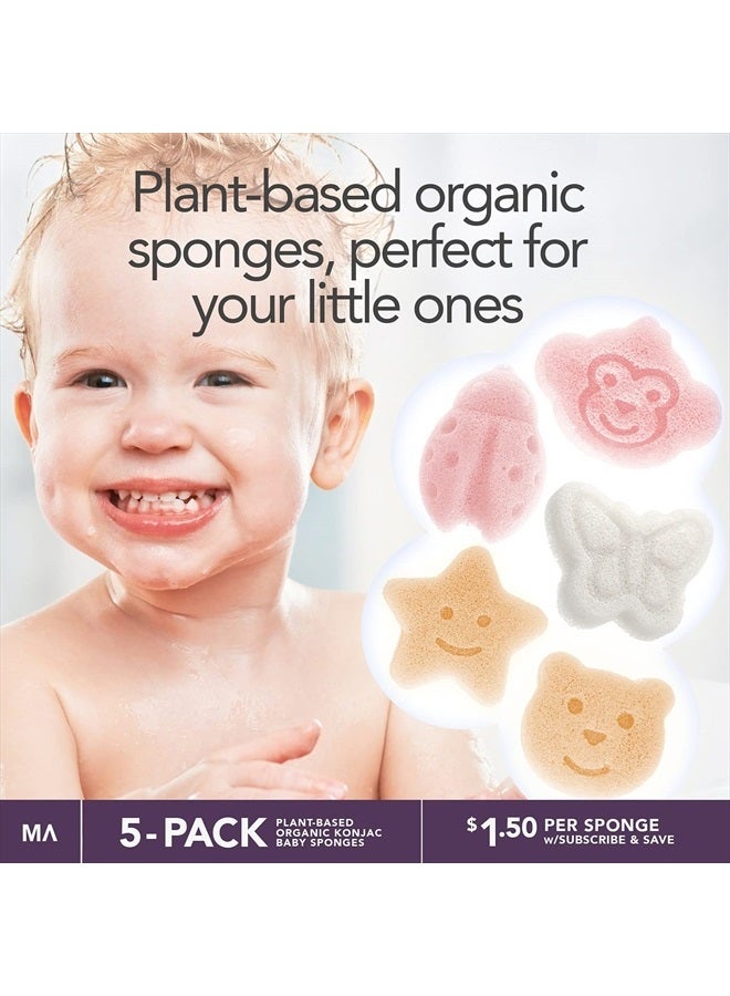 Konjac Baby Sponge for Bathing | Natural Cute Shapes | Kids Bath sponges for Infants | Toddler Bath time | Safe Organic Plant-Based | 5pcs Set : Bear, Monkey, Butterfly, Ladybug, Star