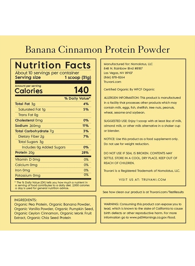 Vegan Protein Powder | Banana Cinnamon | 20g Organic Plant Based Protein | 10 Servings | Pea Protein for Women and Men | Keto | Gluten & Dairy Free | Low Carb | No Added Sugar