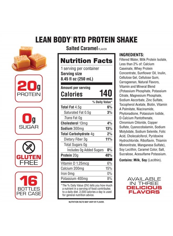LABRADA NUTRITION - Lean Body RTD Whey Protein Shake, Convenient On-The-Go Meal Replacement Shake for Men & Women, 20 grams of Protein – Zero Sugar, Lactose & Gluten Free, Salted Caramel (Pack of 16)