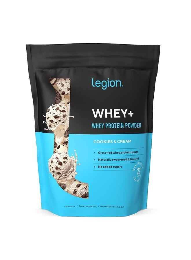 Whey+ Whey Isolate Protein Powder from Grass Fed Cows - Low Carb, Low Calorie, Non-GMO, Lactose Free, Gluten Free, Sugar Free, All Natural Whey Protein Isolate, 5 Pounds (Cookies & Cream)