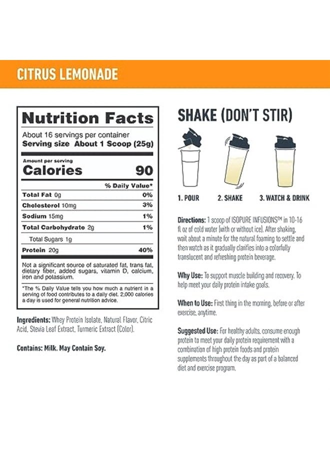 Protein Powder, Clear Whey Isolate Protein, Post Workout Recovery Drink Mix, Gluten Free with Zero Added Sugar, Infusions- Citrus Lemonade, 16 Servings, 0.88 pounds