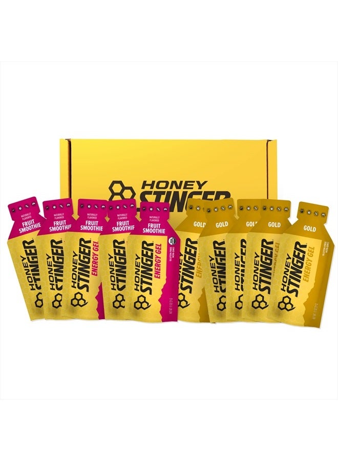 Energy Gel Variety Pack | 5 Packs Each of Gold and Organic Fruit Smoothie Gluten Free & Caffeine for All Exercises Sports Nutrition Home Gym, Pre Mid Workout