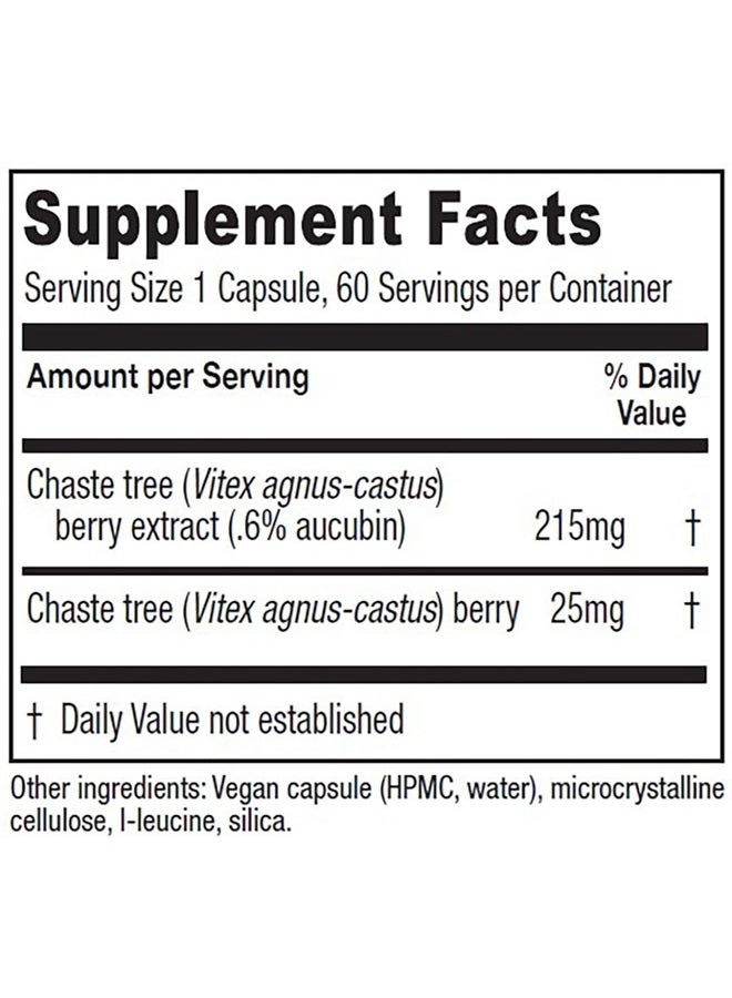 Chaste Tree Berry Extract, Vitex Chasteberry Supplement for Women, Hormone Balance and Menstrual Cycle Support, Non-GMO, Vegan, 2 Month Supply, 60 Capsules