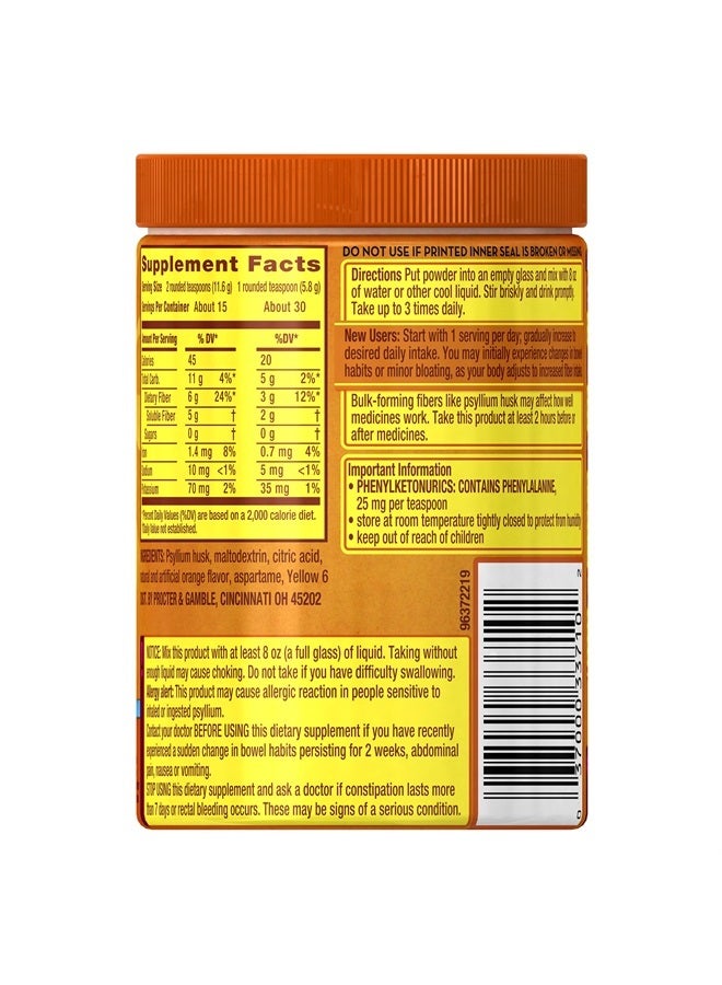 Daily Fiber Supplement, Orange Smooth Sugar Psylllium Husk Fiber Powder, 30 Doses