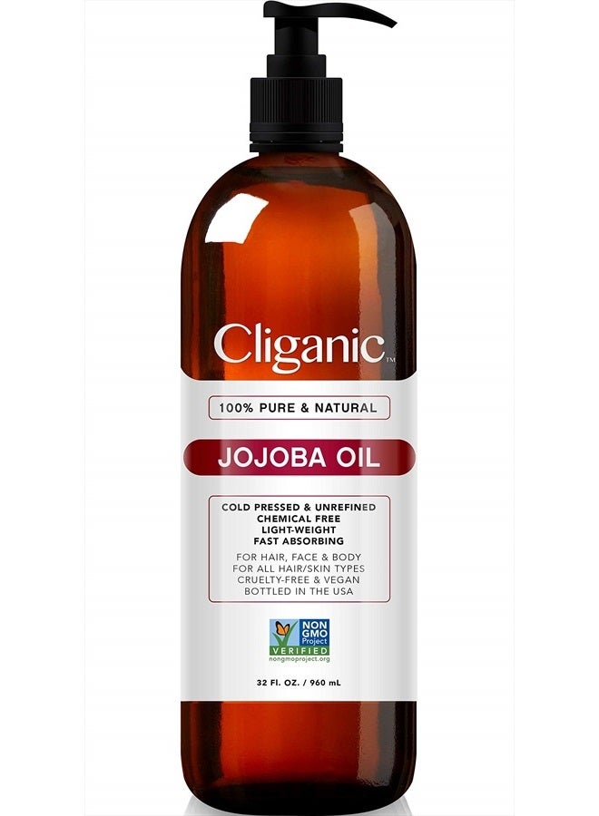 Jojoba Oil Non-GMO, Bulk 32oz | 100% Pure, Natural Cold Pressed Unrefined Hexane Free Oil for Hair & Face