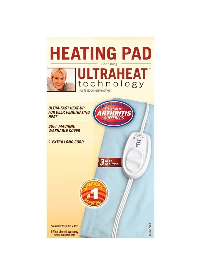 Heating Pad for Pain Relief | Standard Size Ultra Heat, 3 Heat Settings | Light Blue, 12 Inch x 15 Inch