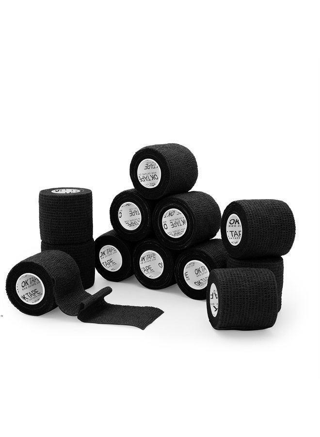 Self Adherent Cohesive Bandages Wrap 12Packs, 2 Inches X 5 Yards, Non-Woven Self Adhesive Athletic Sports wrap Tape, Vet Wrap Bandages Tape, for Thumb Finger Wrist Ankle (Black)