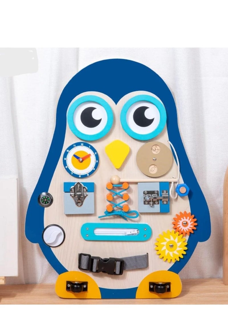 Wooden Montessori Busyboards Lock Catch Daily Skill Learning Educational Penguin Busy Boards Children Cognition Interactive Toys