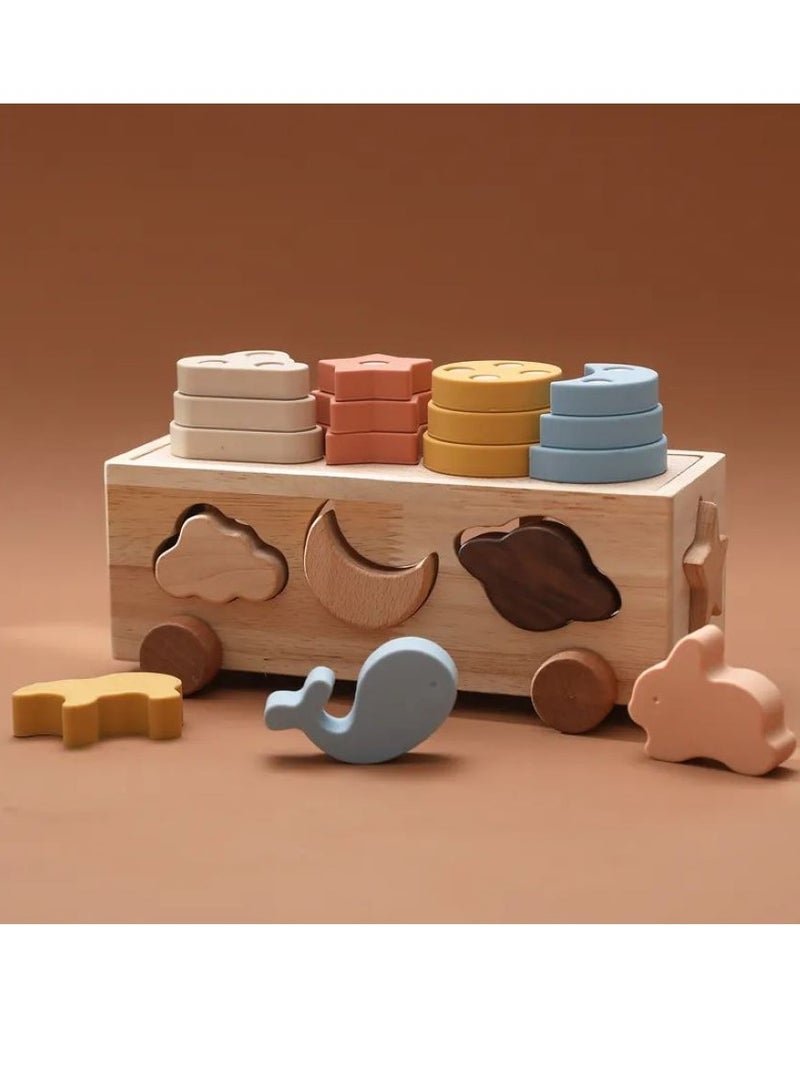 Wooden Montessori Toys with Silicone Stacking Shape Sorter for Toddlers Preschool Learning Educational Sensory Toys for Baby Toddlers Learn