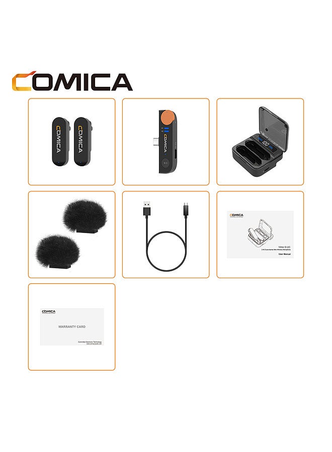 Vimo S-UC Wireless Microphone System with 1 Receiver & 2 Microphones 200M Transmission Range Built-in Battery with Charging Case Replacement for Android Phones Live Streaming Interview Vlog