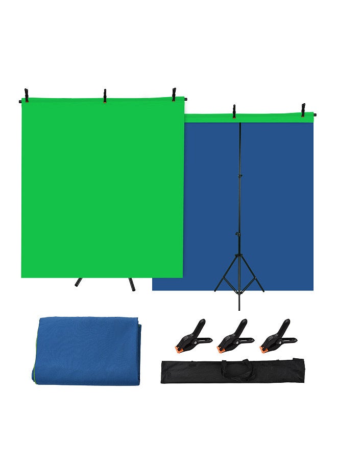 5x7ft Green Screen Blue Screen Backdrop Double-sided Chromakey Background Photography Kit with 5x7ft T-Shaped Background Adjustable Stand 3 x Spring Clamps