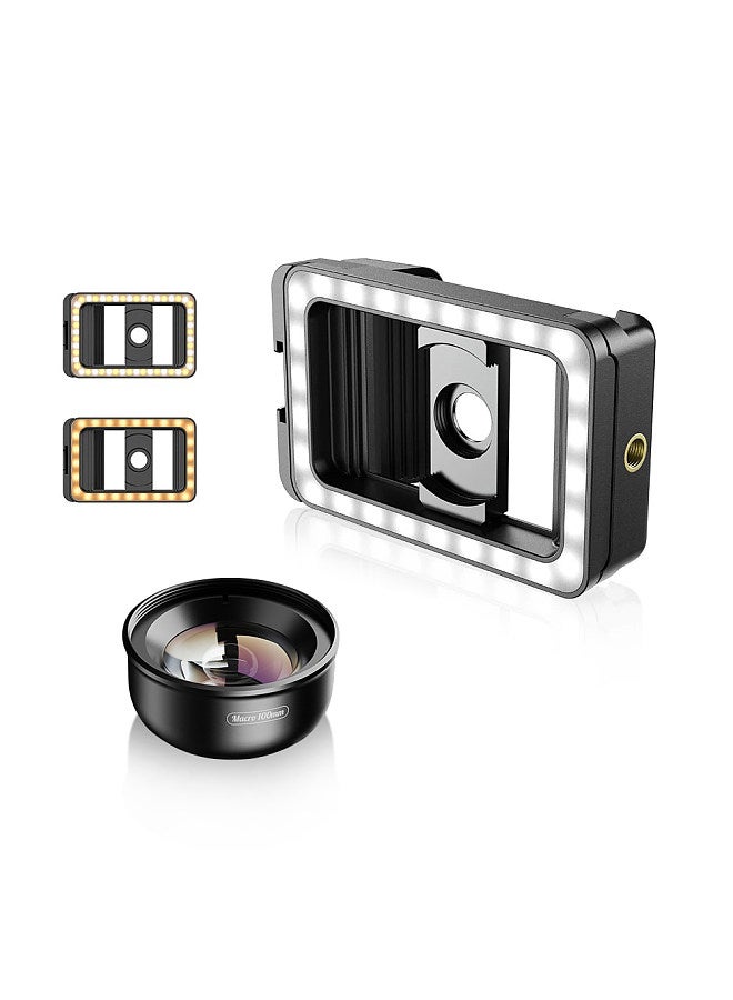 FL23 Universal Phone Clip with 17mm + 37mm Thread LED Fill Light Cold Shoe Mount & 1/4in Screw Hole Lens Adapter with HD 100mm Macro Lens