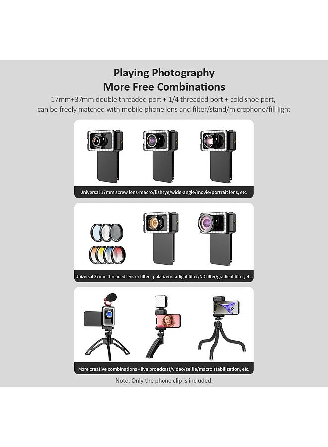 FL23 Universal Phone Clip with 17mm + 37mm Thread LED Fill Light Cold Shoe Mount & 1/4in Screw Hole Lens Adapter with HD 100mm Macro Lens