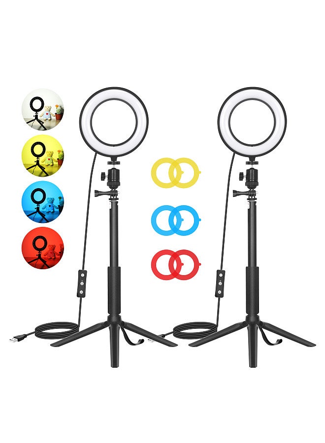 2-Pack Desktop USB LED Video Lights Kit with 2 * Dimmable 6 Inch LED Ring Light 5600K + 2 * Extendable Tripod + 2 * Flexible Ballhead + 6 * Color Filters(Red/Yellow/Blue)