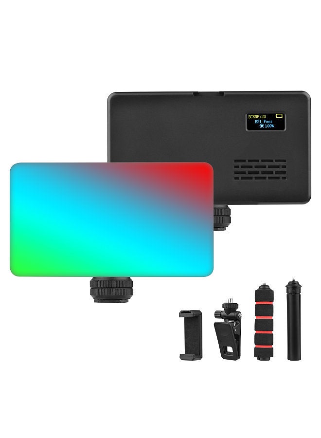 Pocket RGB Video Light Kit LED Fill Light 2500K-9000K Dimmable 20 Lighting Effects Built-in Battery with Cold Shoe Mount Adapter + Desktop Mini Tripod + Phone Holder + Computer Clip