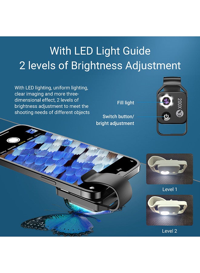 MS002 200X Professional Phone Microscope Lens with Universal Phone Clip CPL Lens for Plant Insect Hair Skin Observation Jewelry Jade Appraisal Electronics Industry Testing
