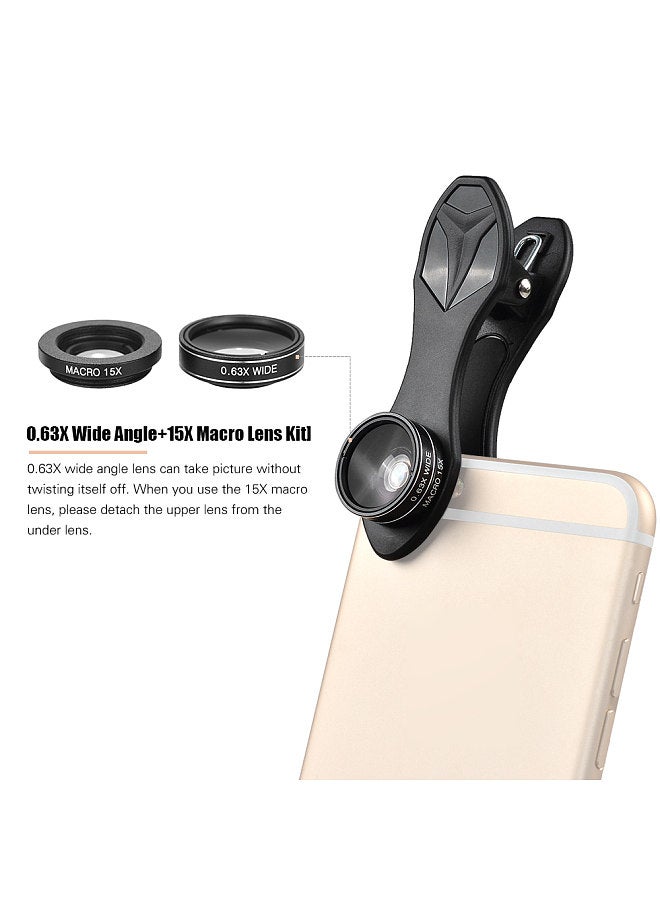 APL-DG5H 5 in 1 Cellphone Lens Kit 198° Fisheye Lens 0.63X Wide Angle Lens 15X Macro Lens 2X Telescope CPL Lenses for iPhone Samsung Huawei Xiaomi Smartphone