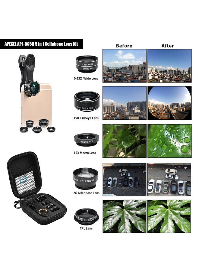 APL-DG5H 5 in 1 Cellphone Lens Kit 198° Fisheye Lens 0.63X Wide Angle Lens 15X Macro Lens 2X Telescope CPL Lenses for iPhone Samsung Huawei Xiaomi Smartphone