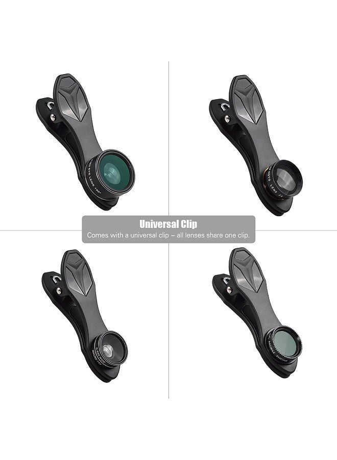 APL-DG5H 5 in 1 Cellphone Lens Kit 198° Fisheye Lens 0.63X Wide Angle Lens 15X Macro Lens 2X Telescope CPL Lenses for iPhone Samsung Huawei Xiaomi Smartphone