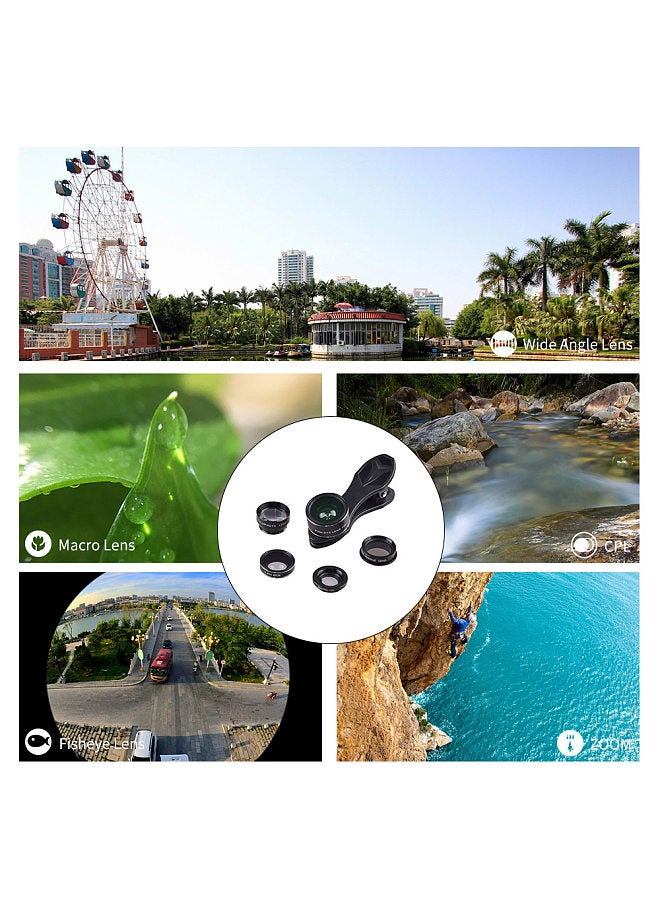 APL-DG5H 5 in 1 Cellphone Lens Kit 198° Fisheye Lens 0.63X Wide Angle Lens 15X Macro Lens 2X Telescope CPL Lenses for iPhone Samsung Huawei Xiaomi Smartphone