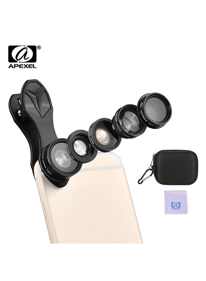 APL-DG5H 5 in 1 Cellphone Lens Kit 198° Fisheye Lens 0.63X Wide Angle Lens 15X Macro Lens 2X Telescope CPL Lenses for iPhone Samsung Huawei Xiaomi Smartphone