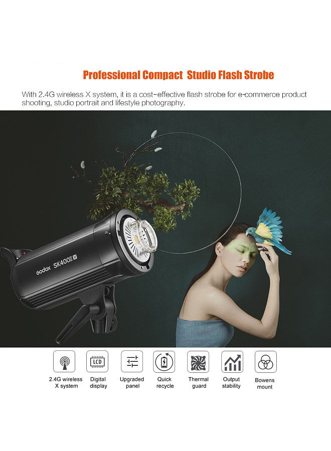 SK400II-V Upgraded Studio Flash Light 400Ws Power 5600±200K Strobe Light Built-in 2.4G Wireless X System with LED Modeling Lamp Bowens Mount Photography Flashes
