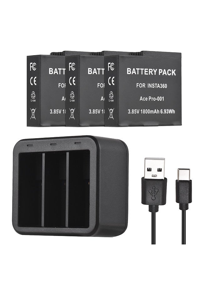 Sports Camera Battery & Charger Kit Including Three-slot Battery Charger + 3pcs 1800mAh Batteries + 3 Battery Storage Box with Card Slot Compatible with Insta360 Ace/Ace Pro Cameras