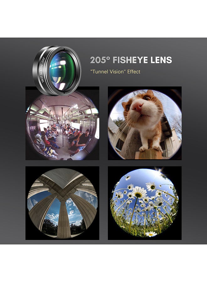 4-in-1 Phone Lens Kit External Phone Camera Lens Set with 22X Telephoto Lens & 205° Fisheye Lens & 4K 0.67X Wide Angle Lens & 25X Macro Lens & Lens Clip & Phone Lip & Mini Tripod Replacement